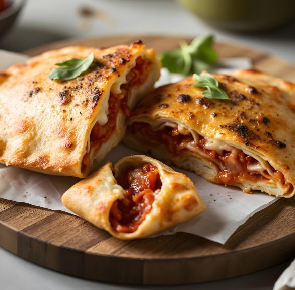 halbierte Calzone auf einem Holzbrett