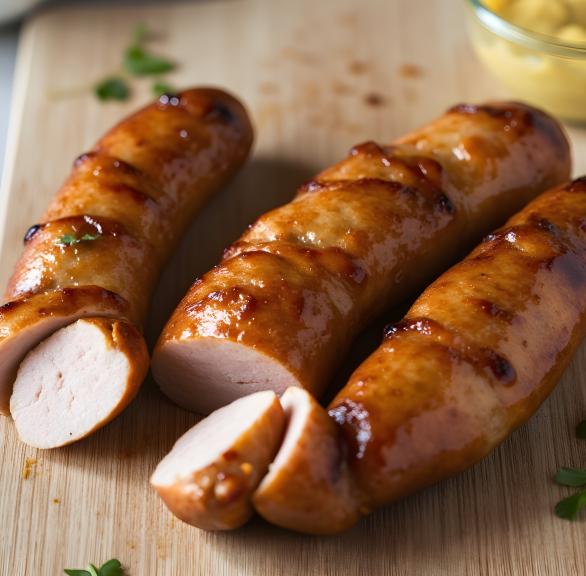 Meherer Bockwürste auf einem Holzbrett, daneben ein Schälchen mit Senf