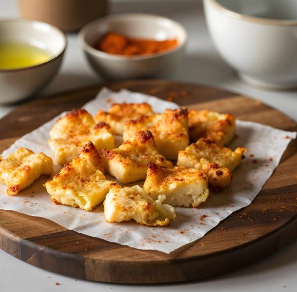 Halloumi-Häppchen auf einem Holzbrett