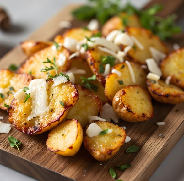 Goldbrauen Knoblauch-Parmesan-Kartoffeln auf einem Holzbrett