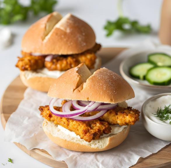 Zwei Fischburger mit Fischstäbchen und Soße auf einem Teller