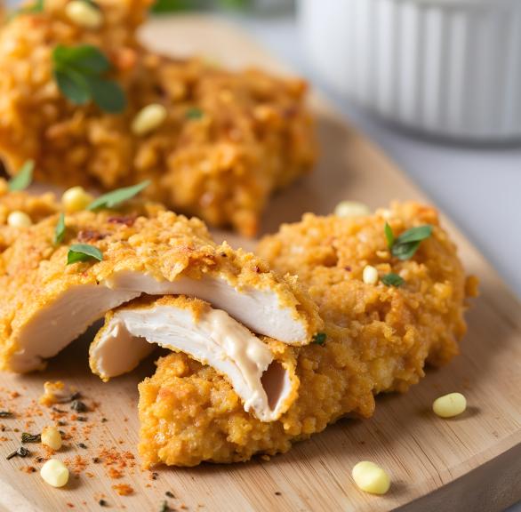 Hähnchenstücke mit Cornflakes-Käse-Panade angeschnitten auf einem Holzbrett