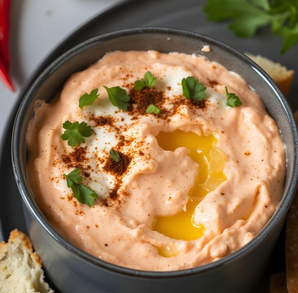 Knoblauchdip mit gerösteter Spitzpaprika in einerm Schälchen beträufelt mit Öl und getoppt von frischen Kräutern