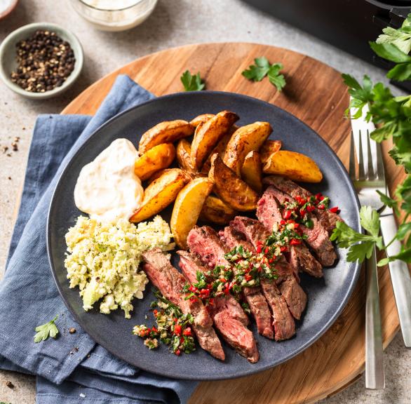 Ribeye-Steak in Scheiben geschnitten mit Kartoffelspalten, Chimichurri und Dips auf einem Teller