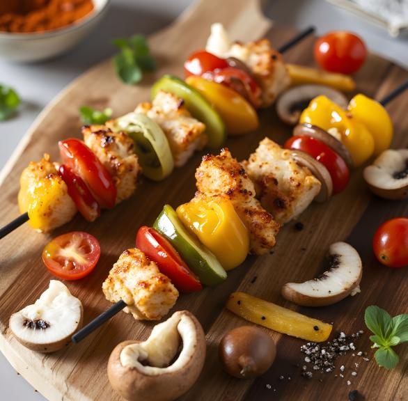 Zwei Hähnchen-Gemüse-Spieße auf einem Holzbrett
