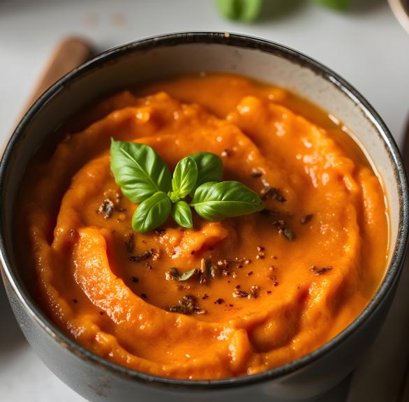 Paprika-Tomaten-Suppe in einer Suppenschüssel garniert mit frischem Basilikum und Chiliflocken