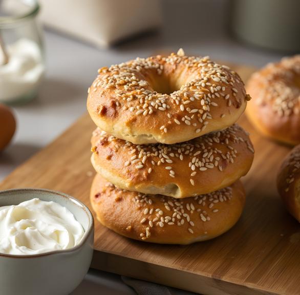 Drei Bagels gestapelt auf einem Brett getoppt mit Sesam