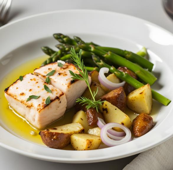 Seehecht mit Kartoffeln und Spargel