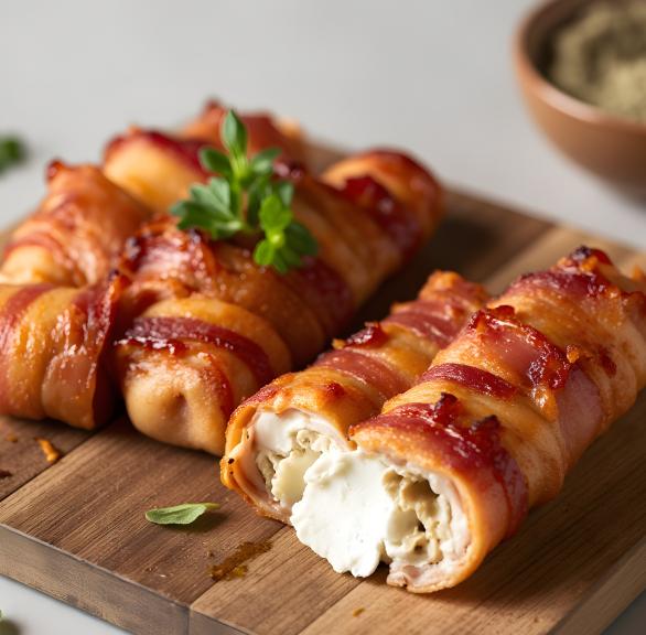Speck-Feta-Streifen aus dem Airfryer auf einem Holzbrett