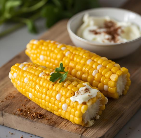 Zwei heißluftfrittierte Maiskolben auf einem Holzbrett