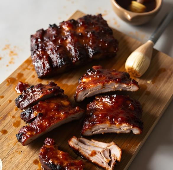 Spareribs aus dem Airfryer glasiert mit Barbecuesauce, daneben rub