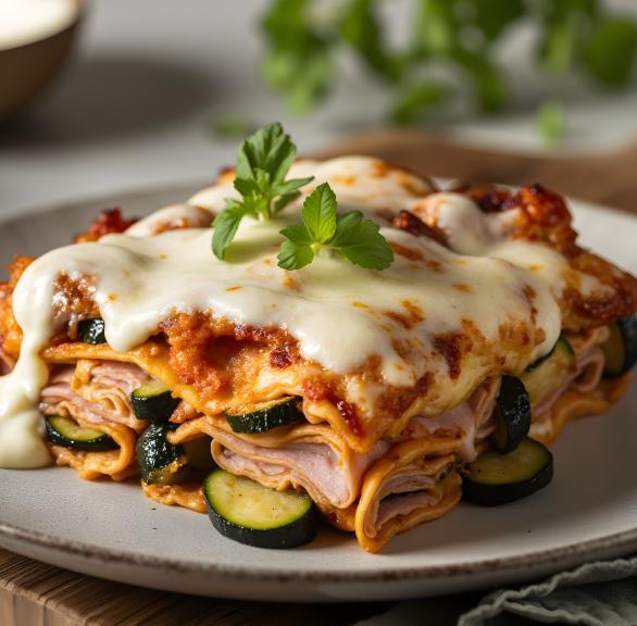 Ein Stück Käse-Schinken-Lasagne mit Zucchinischeiben und geschmolzenem Mozzarella auf einem Teller