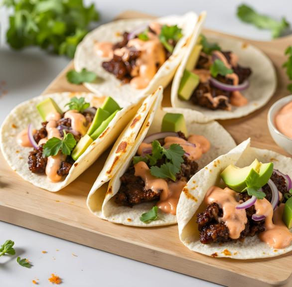 Schnelle Tacos mit Burgerfüllung, Avocado und Sriracha-Mayonnaise