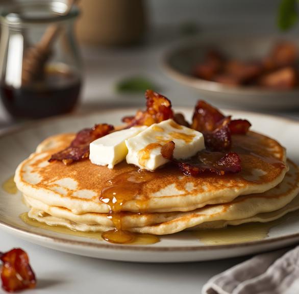 Pancakes gestapelt auf einem Teller getoppt von Butter und Baconstreifen