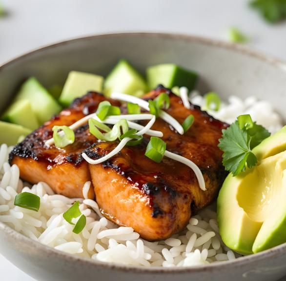 Mariniertes Lachsfielt mit Reis, Avocado und Gurke in einer Bowl