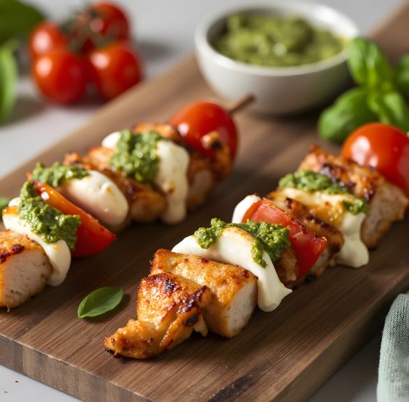 Schnelle Tomaten-Mozzarella-Hähnchenspieße mit Pesto aus dem Airfryer