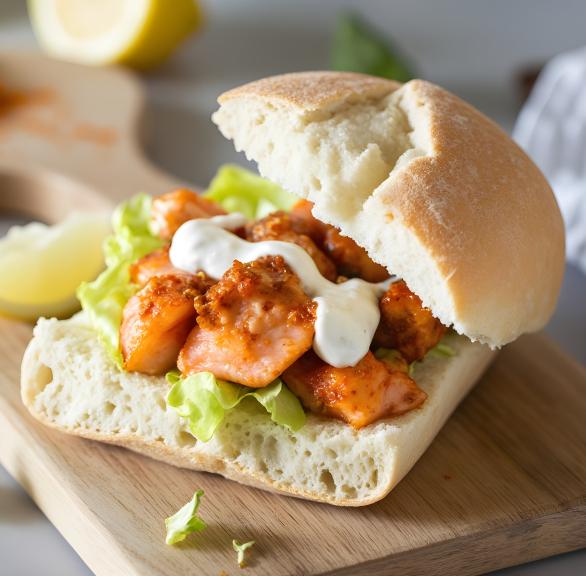 Ein Brötchen gefüllt mit Flammlachs, Salat und Remoulade auf einem Holzbrett