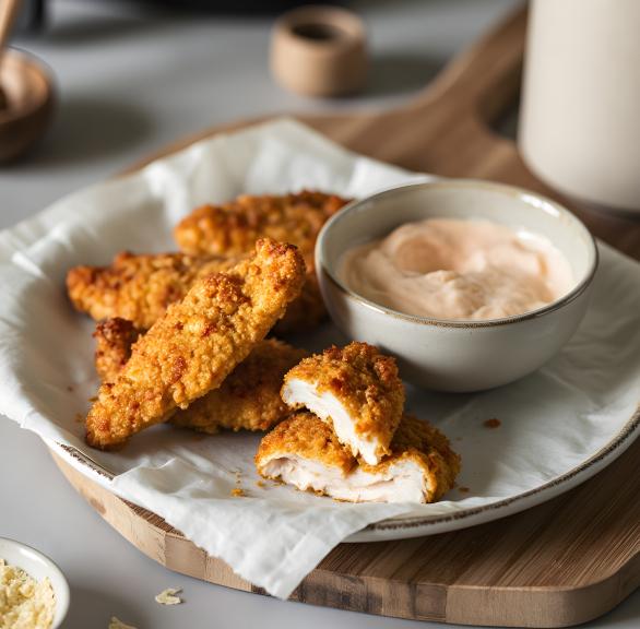 Einige Hähnchen-Sticks mit Parmesan auf einem Teller vor einem Airfryer