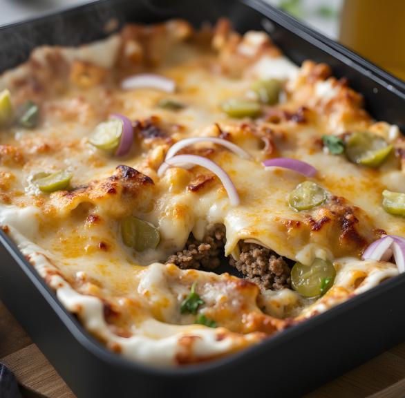 Pasta-Auflauf mit Hack und Sahne-Sauce in einer Airfryer-Auflaufform