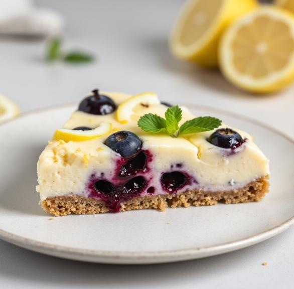 Ein Stück Cheesecake mit Blaubeeren getoppt mit Zitronenscheiben auf einem Kuchenteller