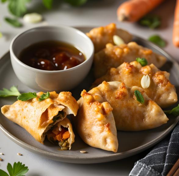 Gemüse-Tofu-Dumplings angeschnitten auf einem Teller, daneben ein Schälchen mit Sauce