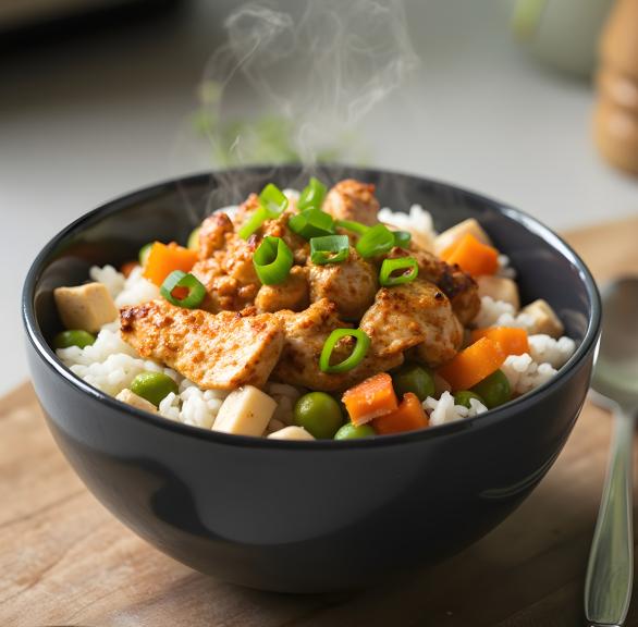Reis-Bowl mit Hähnchen und Gemüse in einer Schale auf einem Holzbrett