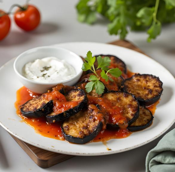 gebratene Auberginenscheiben übergossen mit Tomatensauce auf einem Teller, daneben Quark-Dip
