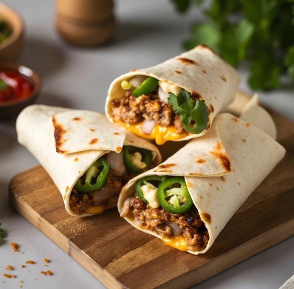 Mehrere Cheeseburger Wraps auf einem Holzbrett