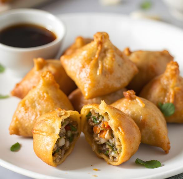 Mehrere Vegetarische Momos auf einem Teller, daneben Sauce