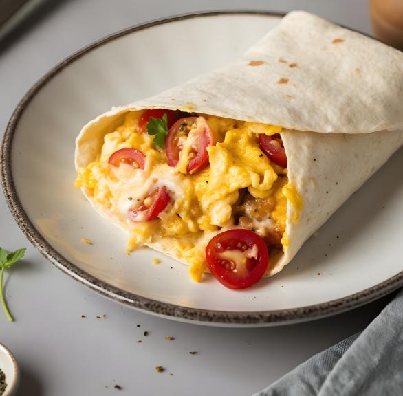 Ein Wrap gefüllt mi Ei, Käse und Tomaten auf einem Teller