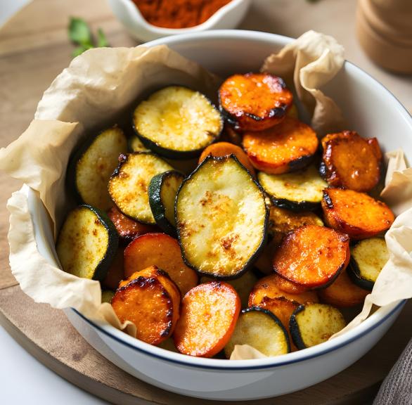 Selbstgemachte, heißluftfrittierte Gemüsechips in einem Korb