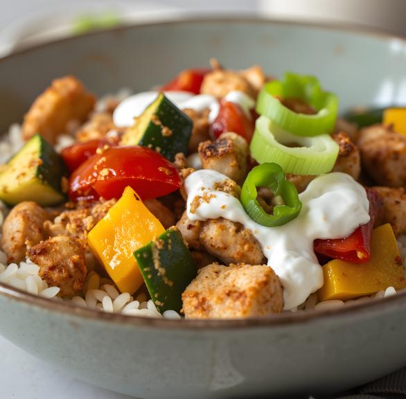 Schüssel mit Hähnchen, Gemüse und Reis auf einem Tisch