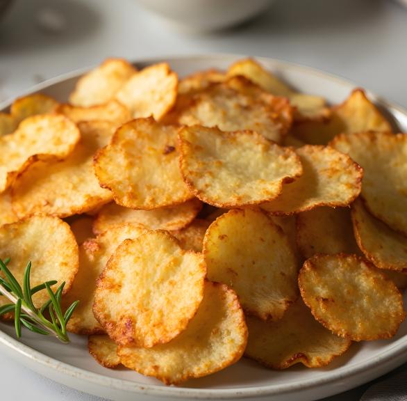 Heißluftfrittierte Kartoffelchips aus frischen Kartoffeln auf einem Teller, daneben Gewürze in Schälchen auf einem Tisch