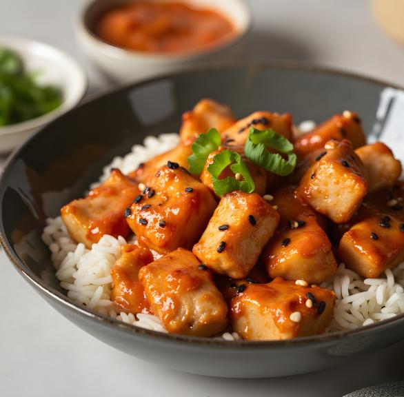 Koreanischer Reis mit würzigen Sticky Chicken Bites