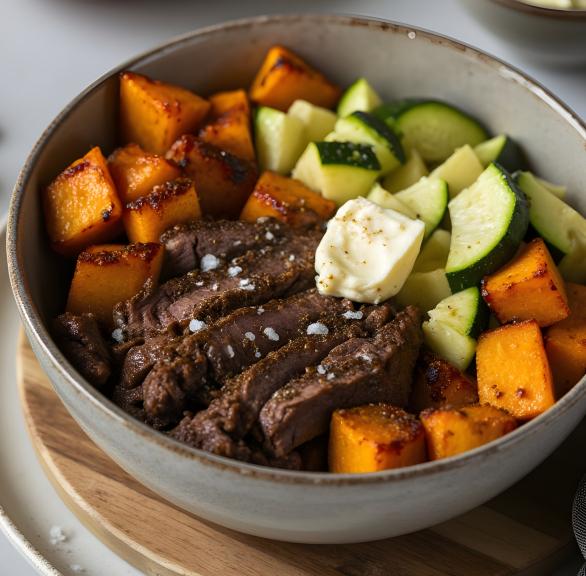 Steakstreifen, Zucchini und Süßkartoffeln in einer Bowl