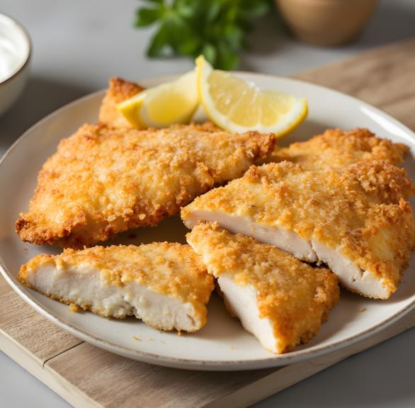 Heißluftfrittierte Kalbsschnitzel in Panade angerichtet auf einem Teller