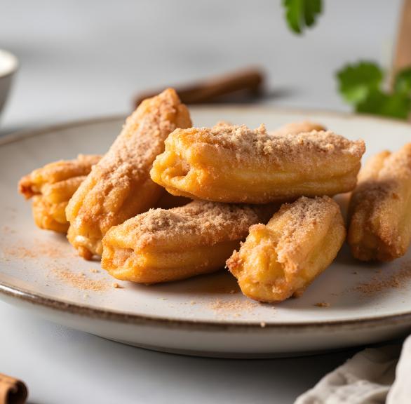 Mehrere heißluftfrittierte Churros mit Zimt und Zucker bestäubt auf einem Teller