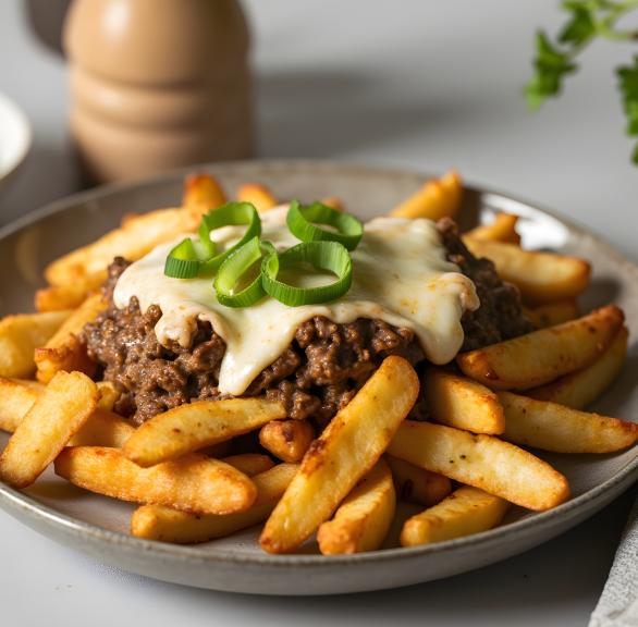 Auflauf aus Pommes, veganem Hack und Käse angerichtet mit Frühlingszwiebeln auf einem Teller