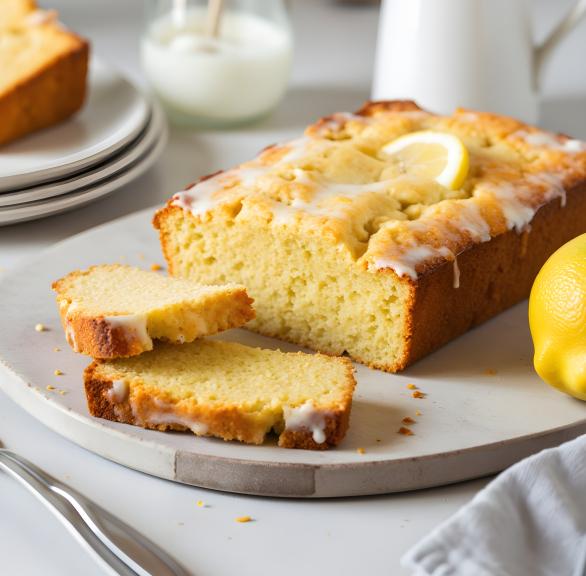 Zitronenkuchen angeschnitten auf einer Kuchenplatte