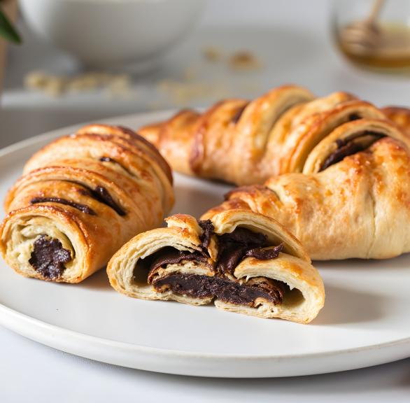 Drei selbstgemachte Schoko-Croissants angeschnitten auf einem Teller