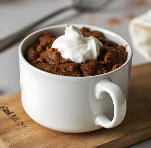 Schokoladenkuchen in der Tasse im Airfryer gebacken getoppt von Schlagsahne auf einem Tisch