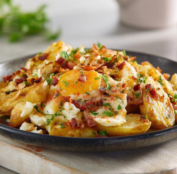 Deftiges Bauernfrühstück mit Kartoffeln, Speck & Ei