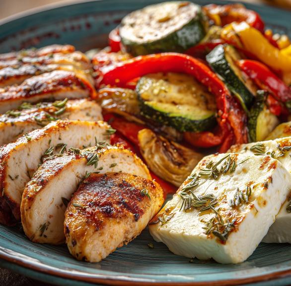 Griechischer Grillteller mit Hähnchen, Feta und Gemüse
