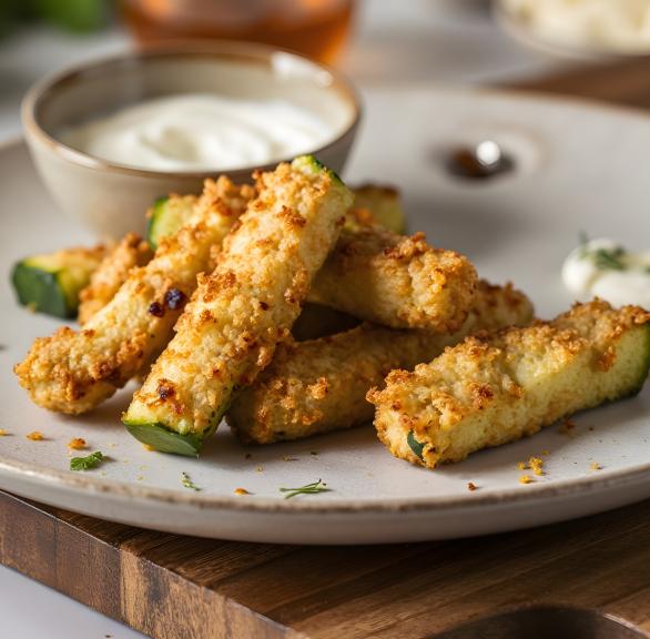 Heißluftfrittierte Zucchini-Pommes mit Dip auf einem Teller