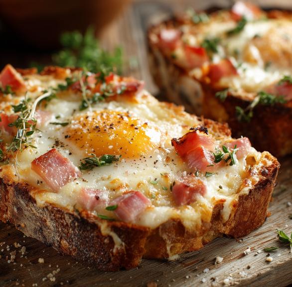 Überbackene Frühstücksbrote mit Schinken & Ei