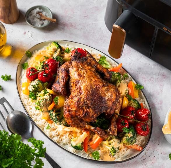 Brathähnchen mit Reis und Currysoße