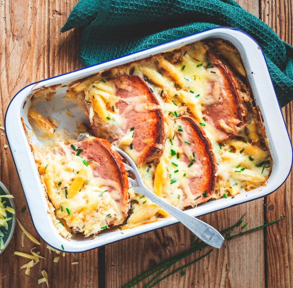 Schupfnudel-Leberkäse-Auflauf mit Sauerkraut