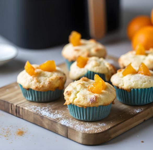 Käsekuchen-Muffins mit Mandarinen dekoriert auf einem Holzbrett