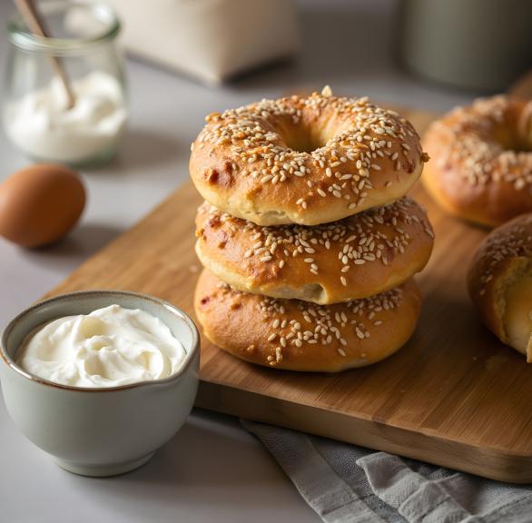 Drei Bagels gestapelt auf einem Brett getoppt mit Sesam