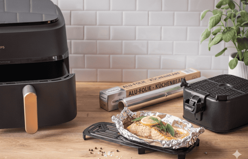 Alufolie im Airfryer mit Lachs